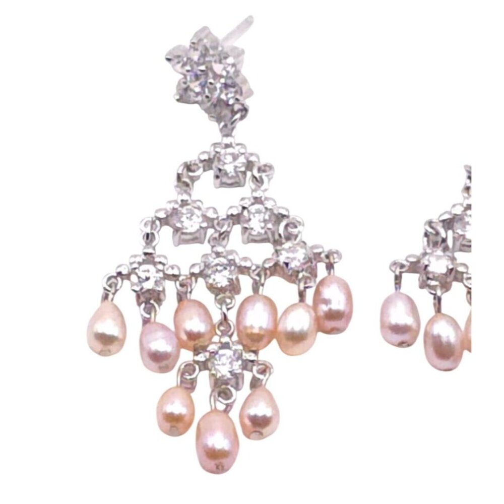 Silver Chandelier Earrings With Pink Pearl Drops & Rhinestone Accents For Women - Picture 2 of 8